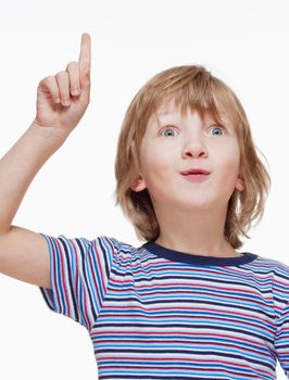 Boy Looking, Raising his Hand, Pointing up - Isolated on White