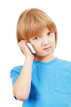 Portrait of a Boy Talking on Mobile Phone - Isolated on White