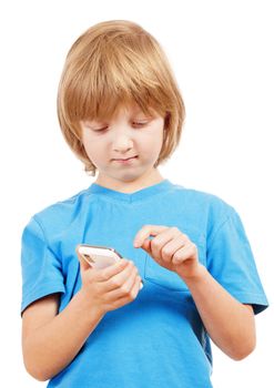 Boy Sending Text Message on Mobile Phone - Isolated on White