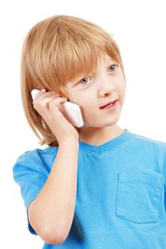 Portrait of a Boy Talking on Mobile Phone - Isolated on White