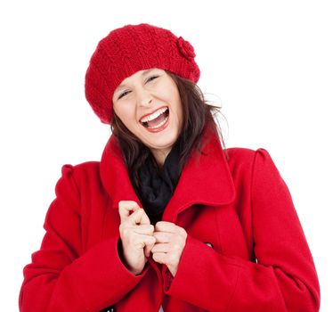 Young Woman in Red Coat and Cap Laughing - Isolated on White