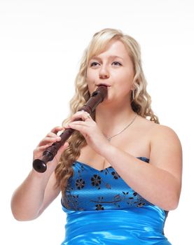 Female Musician in Blue Dress Playing Flute - Isolated on White