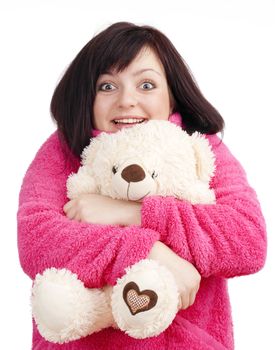 Young Woman in Pink Bathrobe Cuddling with her Teddy Bear