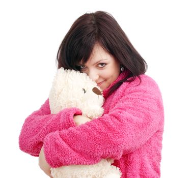 Young Woman in Pink Bathrobe Cuddling with her Teddy Bear