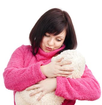 Young Woman in Pink Bathrobe Cuddling with her Teddy Bear