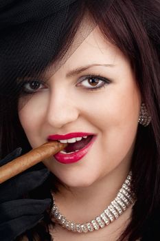 Portrait of a Young Woman with Black Hat Smoking Cigar