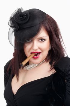 Young Woman with Black Hat and Gloves Smoking Cigar