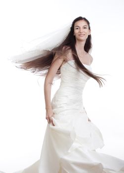 portrait of a bride with long dark hair in wedding dress - isolated on white