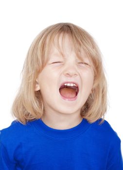 portrait of a boy with long blond hair crying - isolated on white