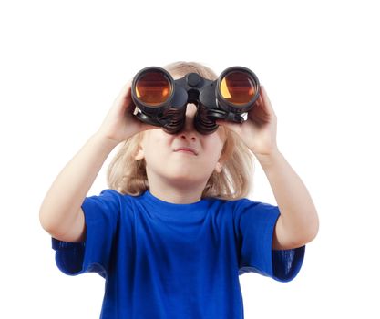 boy with long blond hair in blue top looking through binoculars - isolated on white