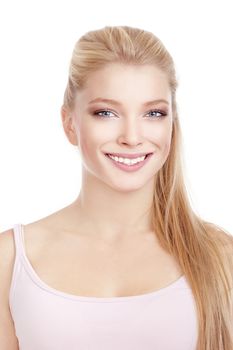 young beautiful woman with blond hair smiling - isolated on white