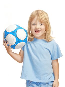 boy with long blond hair holding a football - isolated on white