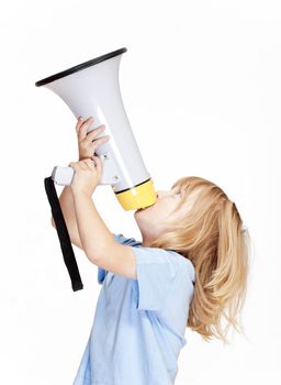 boy with long blond hair playing with a megaphone