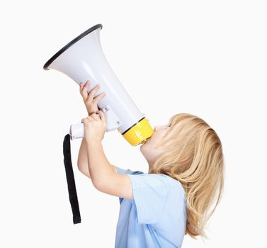 boy with long blond hair playing with a megaphone