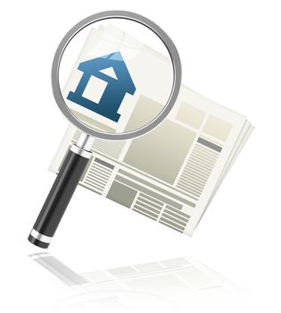 3d generated picture of a house silhouette, a newspaper and a magnifying glass