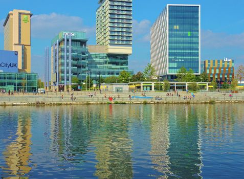 An image of Media city at Salford Quays, UK.