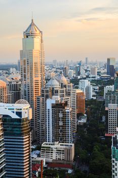 View of Bangkok skyline in the evening. This picture was taken at the commercial center of Bangkok, Thailand.