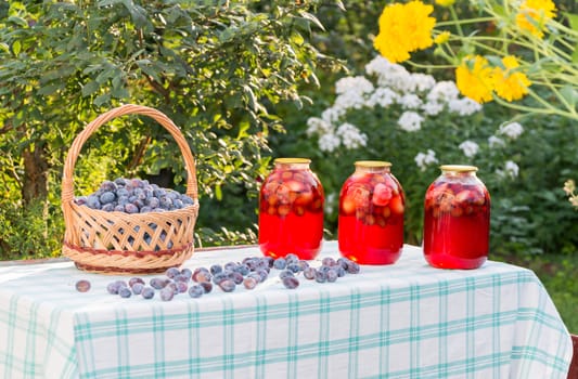 Plum compote home canning and basket with plums