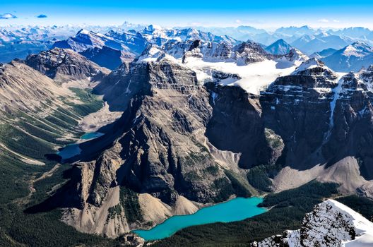 Mountain range view from Mt Temple with Moraine lake, Banff, Rocky Mountains, Alberta, Canada
