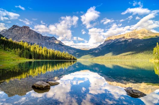 Mountain range and water reflection, Emerald lake, Rocky mountains, Canada