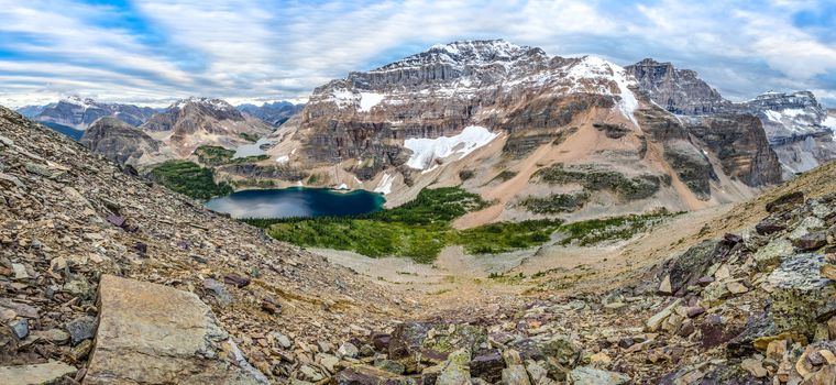 Mountain range panorama with lake in Banff national park, Rocky mountains, Canada