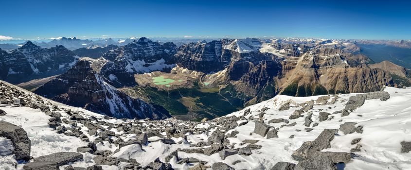 Mountain range view panorama with Paradise valley from Mt Temple, Banff, Canada