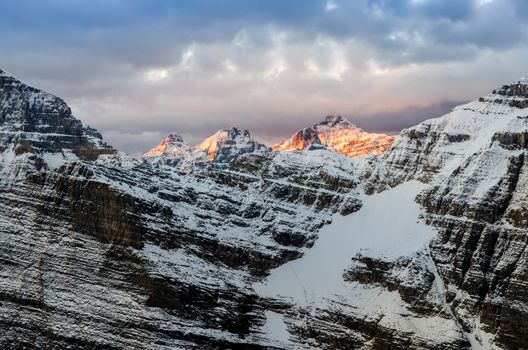 Mountain range view at colorful sunrise, Banff, Rocky mountains, Canada