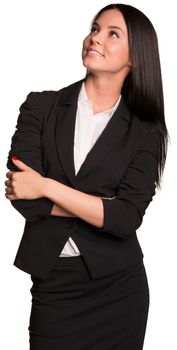 Beautiful businesswomen in suit happily looking up. Isolated on white background