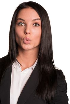 Beautiful businesswomen in suit stretched lips. Isolated on white background