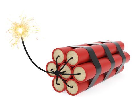 Dynamite with burning wick on white background. High resolution 3D image