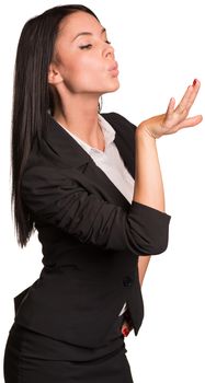 Beautiful businesswoman blowing on painted nails. Isolated on white background