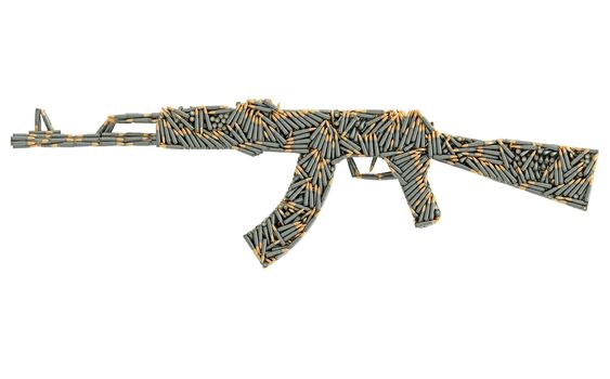 Assault rifle shape composed of ammunition cartridges isolated on white. High resolution 3D image