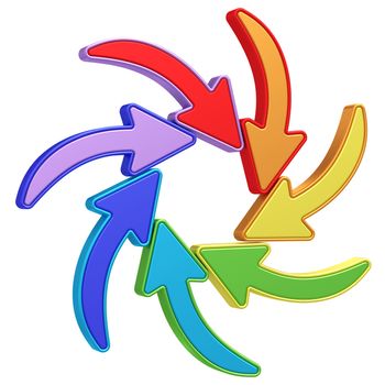 Colorful curved arrows pointing to center on white background. High resolution 3D image