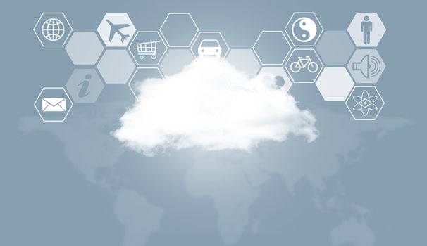Cloud, world map and hexagons with icons. Technology background