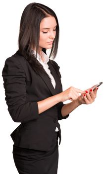 Beautiful businesswomen in suit using smart phone. Isolated on white background