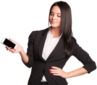 Beautiful businesswomen in suit showing smart phone. Isolated on white background