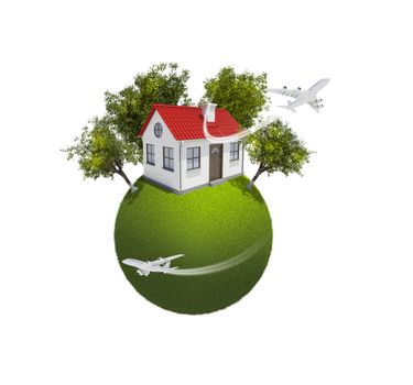 Earth with small house and trees. Isolated on white background