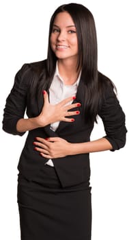 Joyful businesswoman holding hands on his chest. Isolated on white background