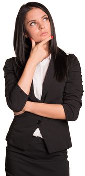 Beautiful businesswomen in suit thoughtful holding hand on chin. Isolated on white background