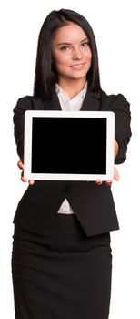 Beautiful businesswomen in suit showing tablet pc. Isolated on white background