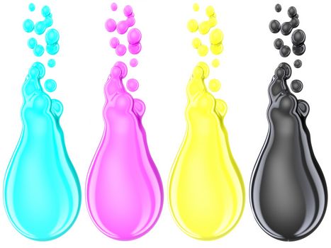 Cyan, magenta, yellow and black (CMYK) ink drops isolated on white background. High resolution 3D image
