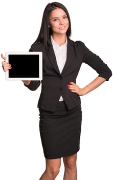 Beautiful businesswoman in suit holding a tablet. Hand on hip. Isolated on white background