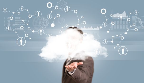 Businessman in suit hold cloud. Network and graphs as backdrop