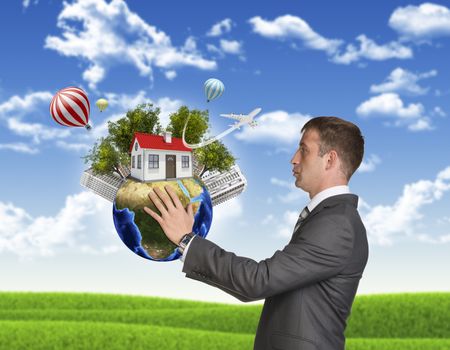 Businessman hold Earth with small house and trees. Nature landscape as backdrop. Elements of this image are furnished by NASA