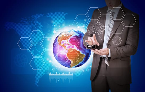 Businessman in suit hold empty copy space. Earth with hexagons and world map. Elements of this image are furnished by NASA