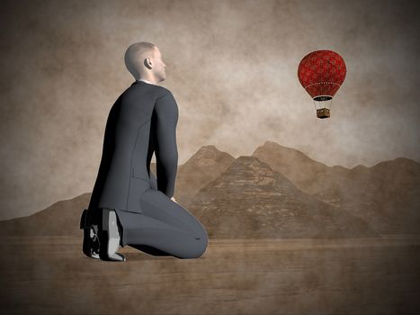 Businessman on his knees looking at a red hot air balloon flying in the sky upon mountains - 3D render