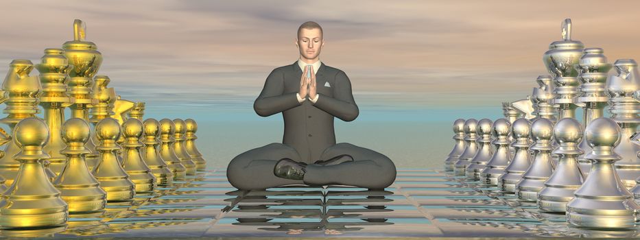 Businessman meditating peacefully on chessboard - 3D render