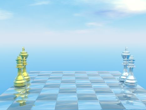 Chessboard with kings and queens and blue sky - 3D render