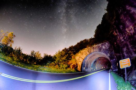 The Craggy Pinnacle Tunnel, on the Blue Ridge Parkway in North Carolina at night