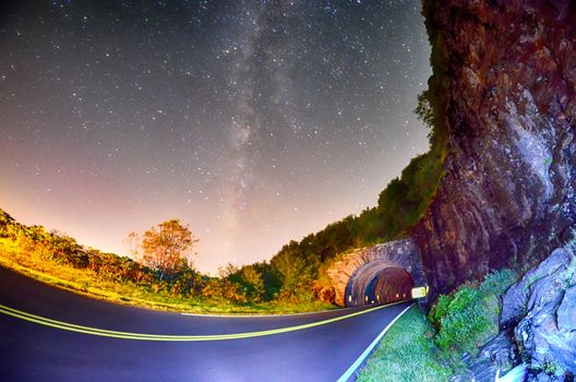 The Craggy Pinnacle Tunnel, on the Blue Ridge Parkway in North Carolina at night